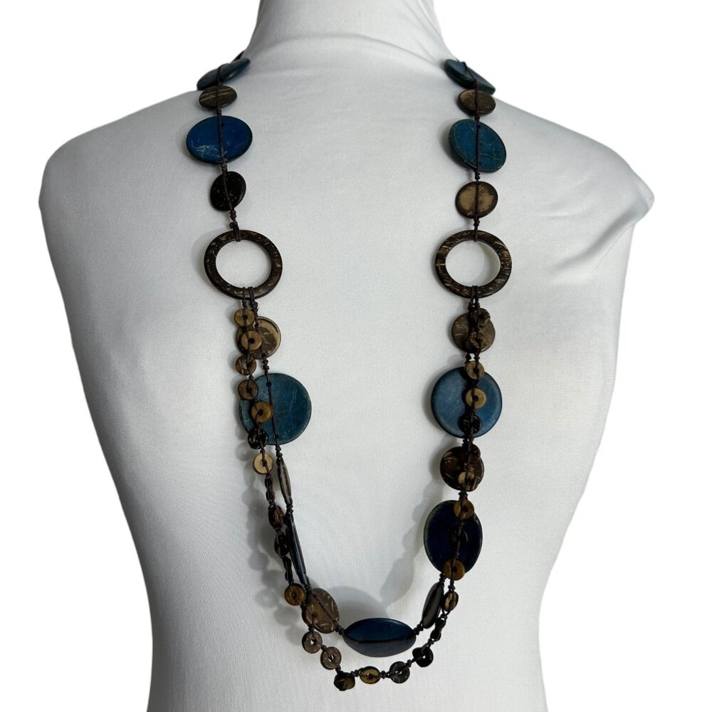 Multi Strand Blue Brown Coconut Disc Artisan Necklace Womens Natural Earthy